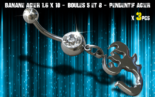 Bananes acier 1.6 x 10 - Boule 5 et 8 mm - strass cristal serti - logo Acier