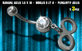 Bananes acier 1.6 x 10 - Boule 5 et 8 mm - strass cristal serti - logo Acier