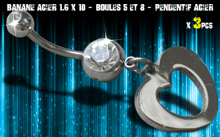 Bananes acier 1.6 x 10 - Boule 5 et 8 mm - strass cristal serti - logo Acier