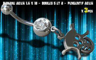 Bananes acier 1.6 x 10 - Boule 5 et 8 mm - strass cristal serti - logo Acier