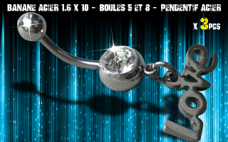 Bananes acier 1.6 x 10 - Boule 5 et 8 mm - strass cristal serti - logo Acier
