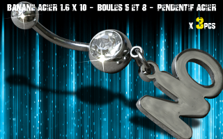 Bananes acier 1.6 x 10 - Boule 5 et 8 mm - strass cristal serti - logo Acier