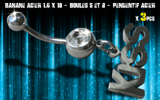 Bananes acier 1.6 x 10 - Boule 5 et 8 mm - strass cristal serti - logo Acier
