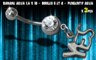 Bananes acier 1.6 x 10 - Boule 5 et 8 mm - strass cristal serti - logo Acier