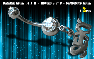 Bananes acier 1.6 x 10 - Boule 5 et 8 mm - strass cristal serti - logo Acier