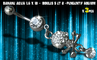Bananes acier 1.6 x 10 - Boule 5 et 8 mm - strass cristal serti - pendentif rodium