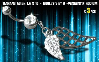 Bananes acier 1.6 x 10 - Boule 5 et 8 mm - strass cristal serti - pendentif rodium