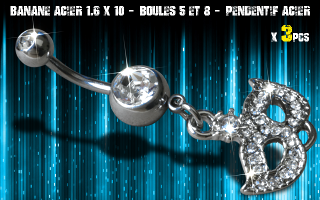 Bananes acier 1.6 x 10 - Boule 5 et 8 mm - strass cristal serti - pendentif rodium
