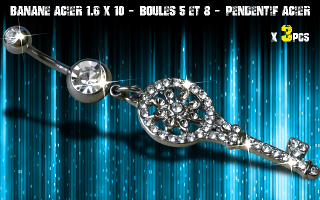 Bananes acier 1.6 x 10 - Boule 5 et 8 mm - strass cristal serti - pendentif rodium