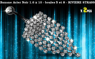 Bananes acier 1.6 x 10 Noir - Boule 5 - strass cristal serti - riviere rodium strass sertis