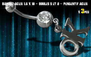 Bananes acier 1.6 x 10 - Boule 5 et 8 mm - strass cristal serti - logo Acier