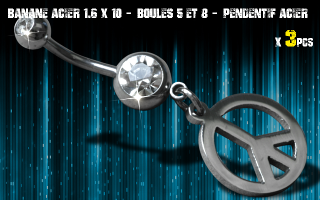 Bananes acier 1.6 x 10 - Boule 5 et 8 mm - strass cristal serti - logo Acier