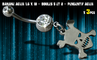 Bananes acier 1.6 x 10 - Boule 5 et 8 mm - strass cristal serti - logo Acier