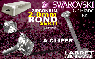 Lot de 3 Accessoires clipable Or blanc 18K - rond 2 mm - zircon swarosky sertis - pour labret creux bioflex et bioplastic