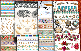 13 Planches de tattoo temporaires metalisees adhesives