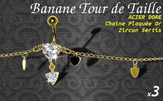 lot de 3 bananes acier dore (base acier 316 + plaquage or) - chaine rodium dorees 3 microns. 1.6 x 10 - taille de la chaine facilement ajustable - zircon cristal serti