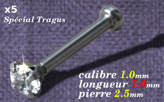 Lot de 5 micro labret special tragus - Acier - 1.0x7mm - zircon serti 2.5 mm - vissage interne