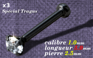 Lot de 3 micro labret special tragus - Acier Noir- 1.0x5mm - zircon serti 2.5 mm - vissage interne