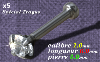 Lot de 5 micro labret special tragus - Acier- 1.0x6mm - zircon serti 3 mm - vissage interne