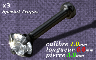 Lot de 3 micro labret special tragus - Acier Noir- 1.0x6mm - zircon serti 3 mm - vissage interne