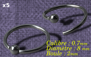 lot de 5 anneaux acier souple 0.7 x 8 x 2 - special septum - fermeture à la main