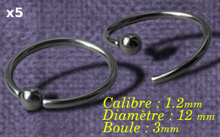 lot de 5 anneaux acier souple 1.2 x 12 x 3 - special septum - fermeture à la main