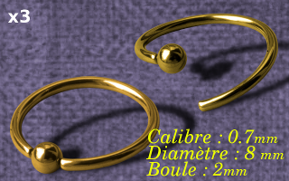 lot de 3 anneaux acier Dore souple 0.7 x 8 x 2 - special septum - fermeture à la main
