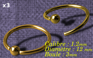 lot de 3 anneaux acier Dore souple 1.2 x 12 x 3 - special septum - fermeture à la main