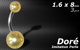 lot de 3 bananes acier imitation perle dore-1.6x8 - boule 5 et 8 mm