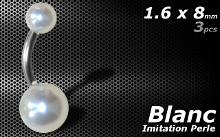 lot de 3 bananes acier imitation perle Blanc-1.6x8 - boule 5 et 8 mm