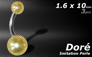 lot de 3 bananes acier imitation perle dore-1.6x10 - boule 5 et 8 mm