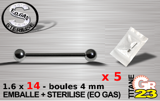 lot de 5 barbell tit. gr23 - 1.6 x 14 mm - boules 4mm - emballe individuellement - sterilise. mentions au dos du sachet : matiere du bijou - date de peremption - type de sterilisation