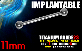 lot de 10 barbell en titane grade 23 - 1.6 x 11 mm - boule 4 mm - bijou implantable selon norme europeenne.