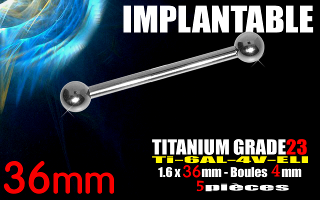 lot de 5 barbell industriel en titane grade 23 - 1.6 x 36 mm - boule 4 mm - bijou implantable selon norme europeenne.