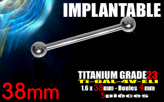 lot de 5 barbell industriel en titane grade 23 - 1.6 x 38 mm - boule 4 mm - bijou implantable selon norme europeenne.