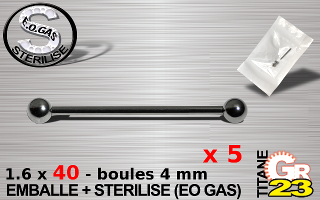lot de 5 barbell tit. gr23 - 1.6 x 40 mm - boules 4mm - emballe individuellement - sterilise. mentions au dos du sachet : matiere du bijou - date de peremption - type de sterilisation