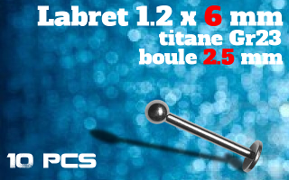lot de 10 labret 1.2 x 6mm - boule 2.5mm - titane - immplantable -