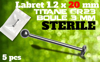 lot de 5 labret 1.2 x 20mm - boule 3mm - titane - emballe individuellement - sterilise en france