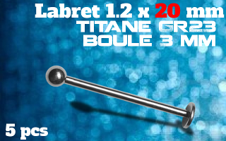 lot de 5 labret 1.2 x 20mm - boule 3mm - titane - immplantable -
