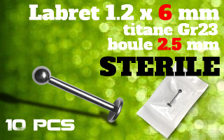 lot de 10 labret 1.2 x 6mm - boule 2.5mm - titane - emballe individuellement - sterilise en france