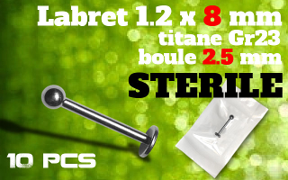 lot de 10 labret 1.2 x 8mm - boule 2.5mm - titane - emballe individuellement - sterilise en france