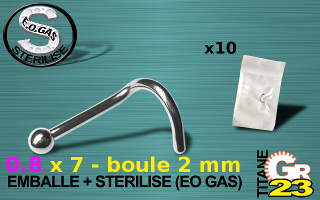 lot de 10 nose studs 0.8x 7 - boule 2 mm - titane grade 23 - immplantable - STERILE
