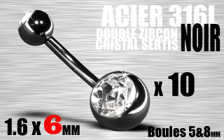 Banane 1.6 x 6 acier noir double strass cristal