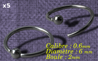 lot de 10 anneaux acier souple 0.6 x 6 x 2 - special septum - fermeture à la main