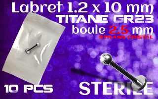 labret 1.2 x 10 boule 2.5 mm strass serti. Titane Gr23 - STERILE