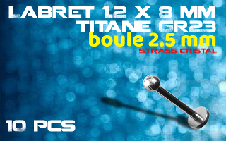 labret titane 1.2 x 8 boule strass serti 2.5 mm