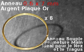 Lot de 6 anneaux argent 0.6 - 7 mm de diamtre - plaque Or - a fermer et ouvrir a la main - pour nez ,tragus,septum