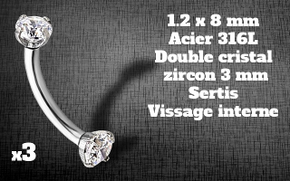 bananes Acier 1.2 x 8 - strass 3 mm cristal sertis - vissage interne