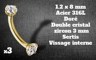 bananes Acier Doré 1.2 x 8 - strass 3 mm cristal sertis - vissage interne