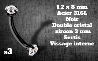 bananes Acier Noir 1.2 x 8 - strass 3 mm cristal sertis - vissage interne